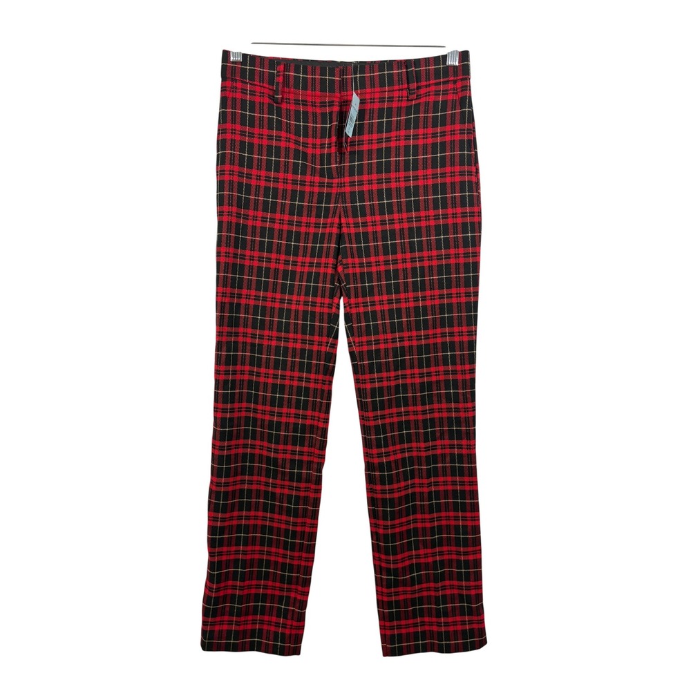 Ann Taylor The Sophia Red Black Plaid Straight Leg Mid Rise Pants 0P NEW